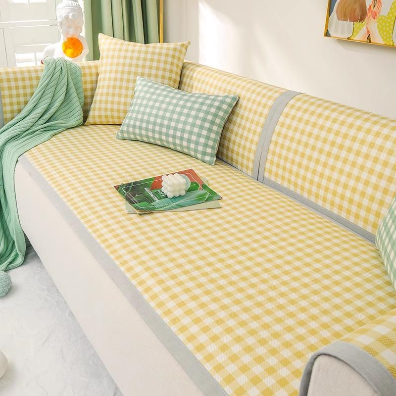 

Sofa Cushion Summer Non-Slip Small Lattice Ice Silk Mat Seat Cushion Simple Summer Fresh Backrest Towel Sofa Cover 70*70cm