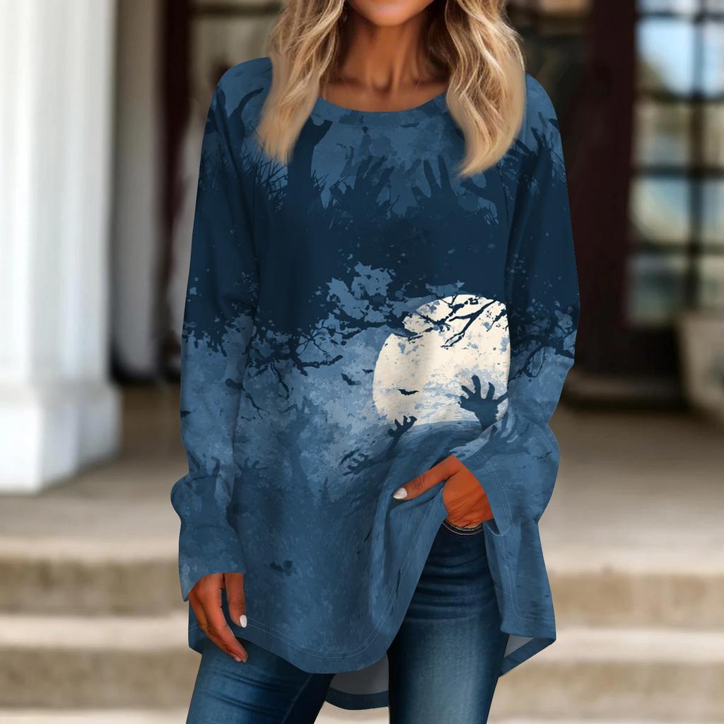 Women's Halloween Printed Pullover Top Loose Fit Neck Long Sleeve T-Shirt
