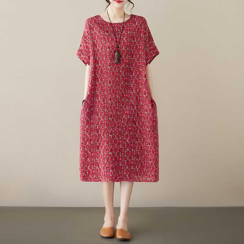Ancient Red Small Copper Literary Loose Casual Dress Women