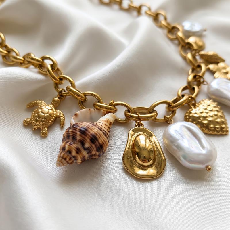 Accessories New European and American Stainless Steel Bow Love Turtle Conch Pendant Necklace Pearl Clavicle Chain