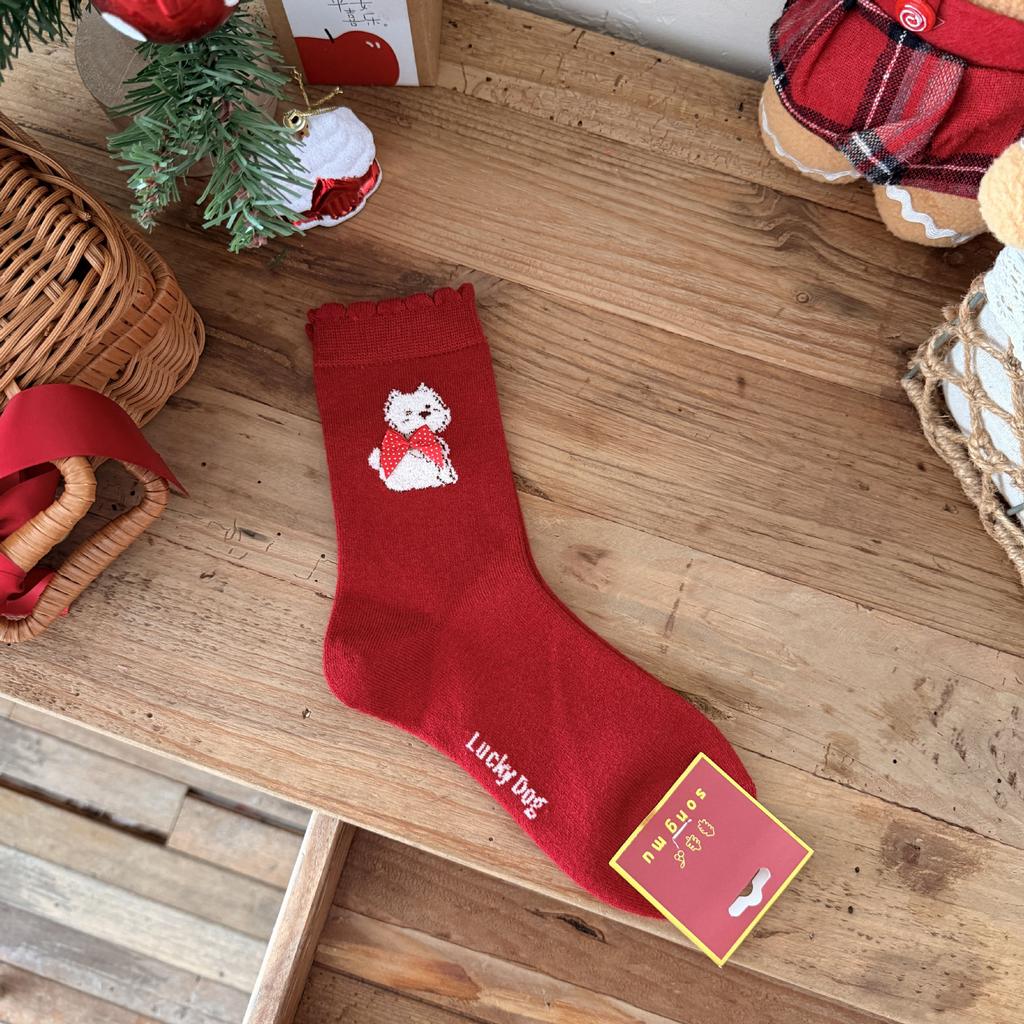 Songmu Songmu "Lucky Puppy Silk Wool Red Socks Medium Tube Socks Warm New Year Stacking Socks