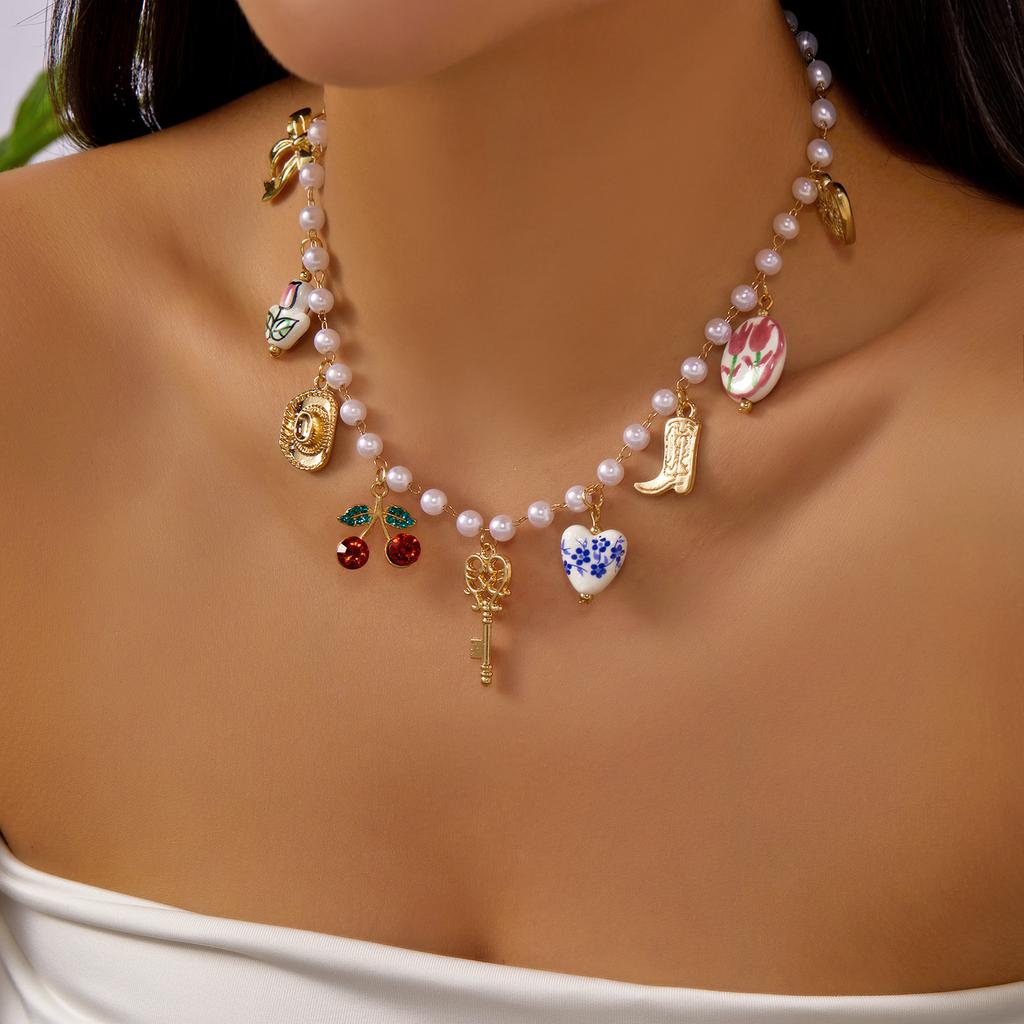 Sweet Charms Heart Cherry Strawberry Bow Multiple Pendant Necklace for Women New Trendy Cute Fruit Choker Chain Y2k Jewelry Gift