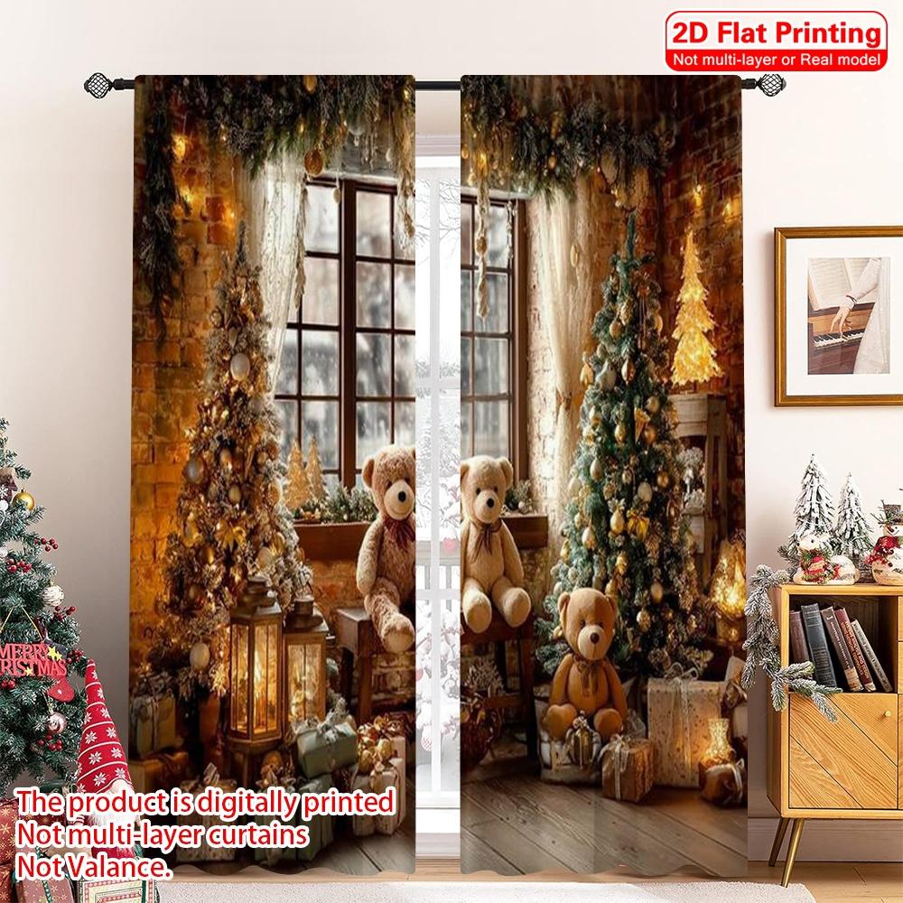 

Set Of 2 Flat Printing Merry Christmas Popular Curtain Fabric Without Electricity Spring Party Holiday Decor Curtains Made Polyester W100*H70(CM)-Hooks&2PCS