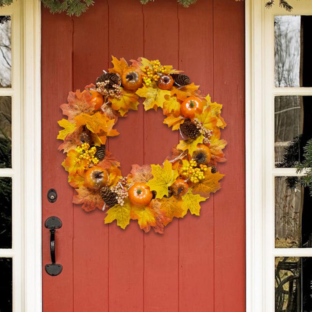 Artificial Wreath Garland Rattan Frame  Festival Pumpkin Maple Leaf  Fall Holiday Decoration