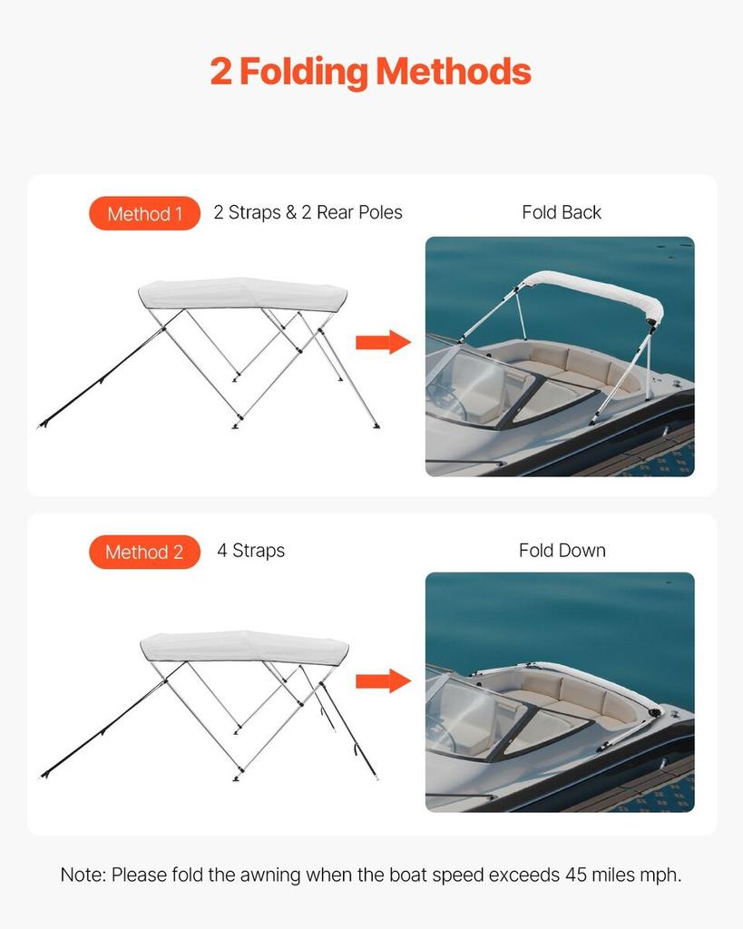 3 Bow Boat Bimini Tops 72"Lx(85"-90")W x 46"H Awning Canopy Light Grey