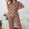 Women's Plus Size Heart Print Pajama Set with Round Neck and Short Sleeves for Spring and Autumn