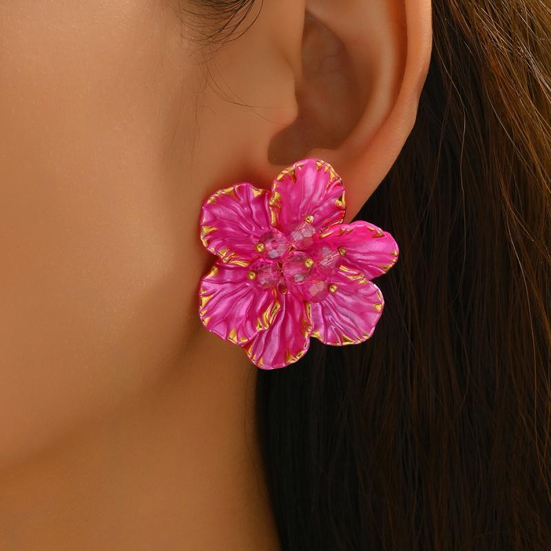 Elegant Black Flower Stud Earrings for Women Vintage Colorful Crystal Acrylic Petal Earrings Wedding Party Jewelry Accessories