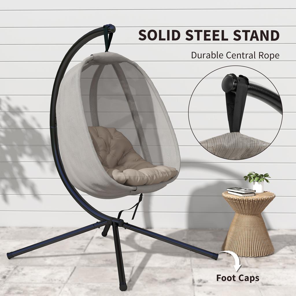 Hanging Egg Chair, Folding Texteline Swing Hammock with Side Pocket, Cushion and Stand for Indoor Outdoor, Patio Garden Furniture, Khaki