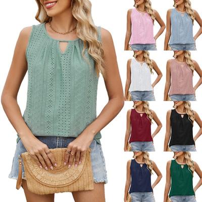 Damen Frühling Sommer Rundhals Hohl Plissee Weste Ärmelloses T-Shirt Top