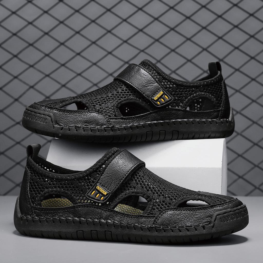 Men Mesh Sandals with Flat Soles and Handmade Stitching for Breathability Trendy Casual Anti Slip Large Beach Size Men Sandals