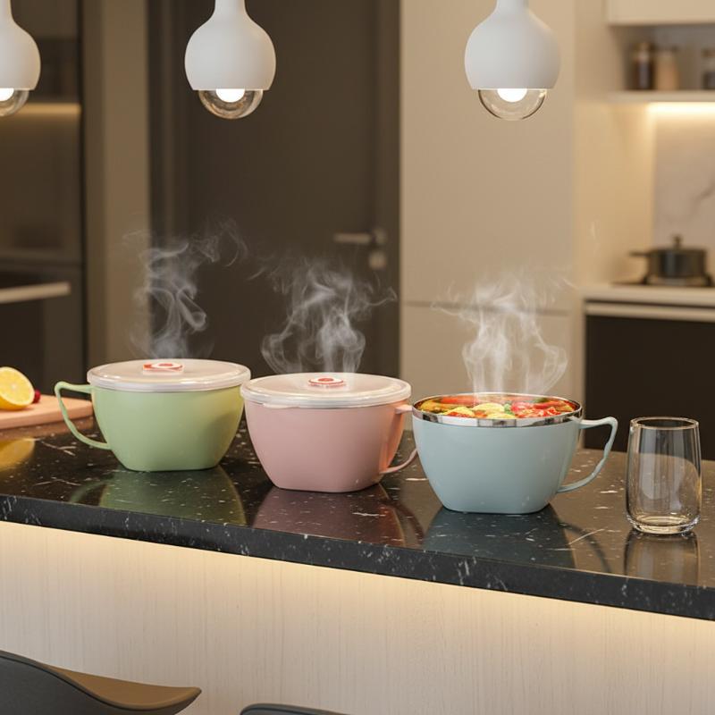 1Pc Stainless Steel Bowl With Handle Solid Color Anti Scalding Instant Noodles Mixing Bowl Kitchen Tableware Food Accessory