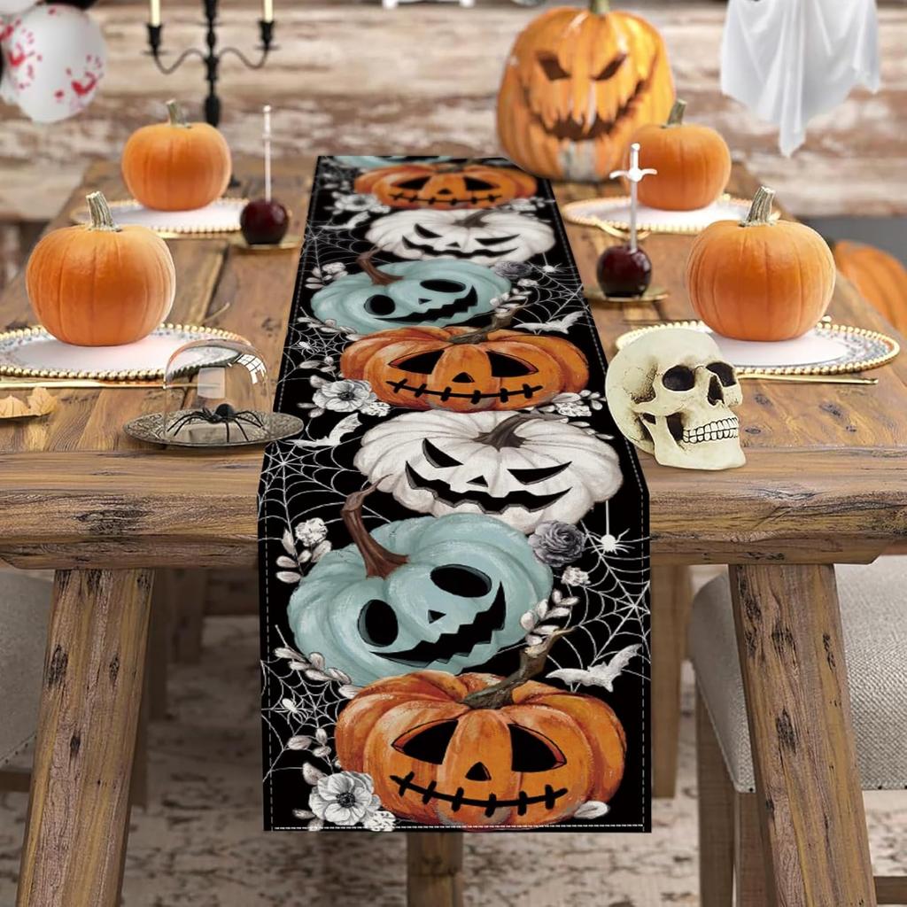 Baccessor Halloween Table Runner Spooky Pumpkins Spider Web Bat Runner for Table Kitchen Dinning Table Decor for Home Farmhouse Party Fall Festival