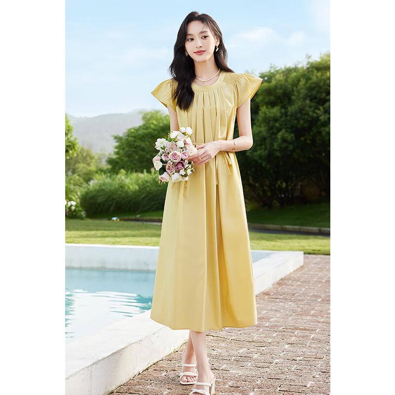 VICTORIA&VERA Women's Flutter Sleeve Tie-Waist Cotton Midi Dress