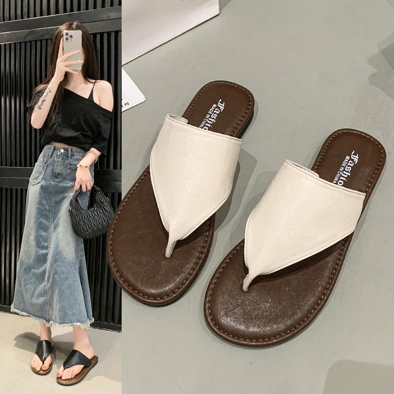 Fashion 2025 New Summer Women Low Rubber Flip Flops Shoes Fabric Rome Hoof Heels PU Low Rubber Flip-Flops Rome Shoes