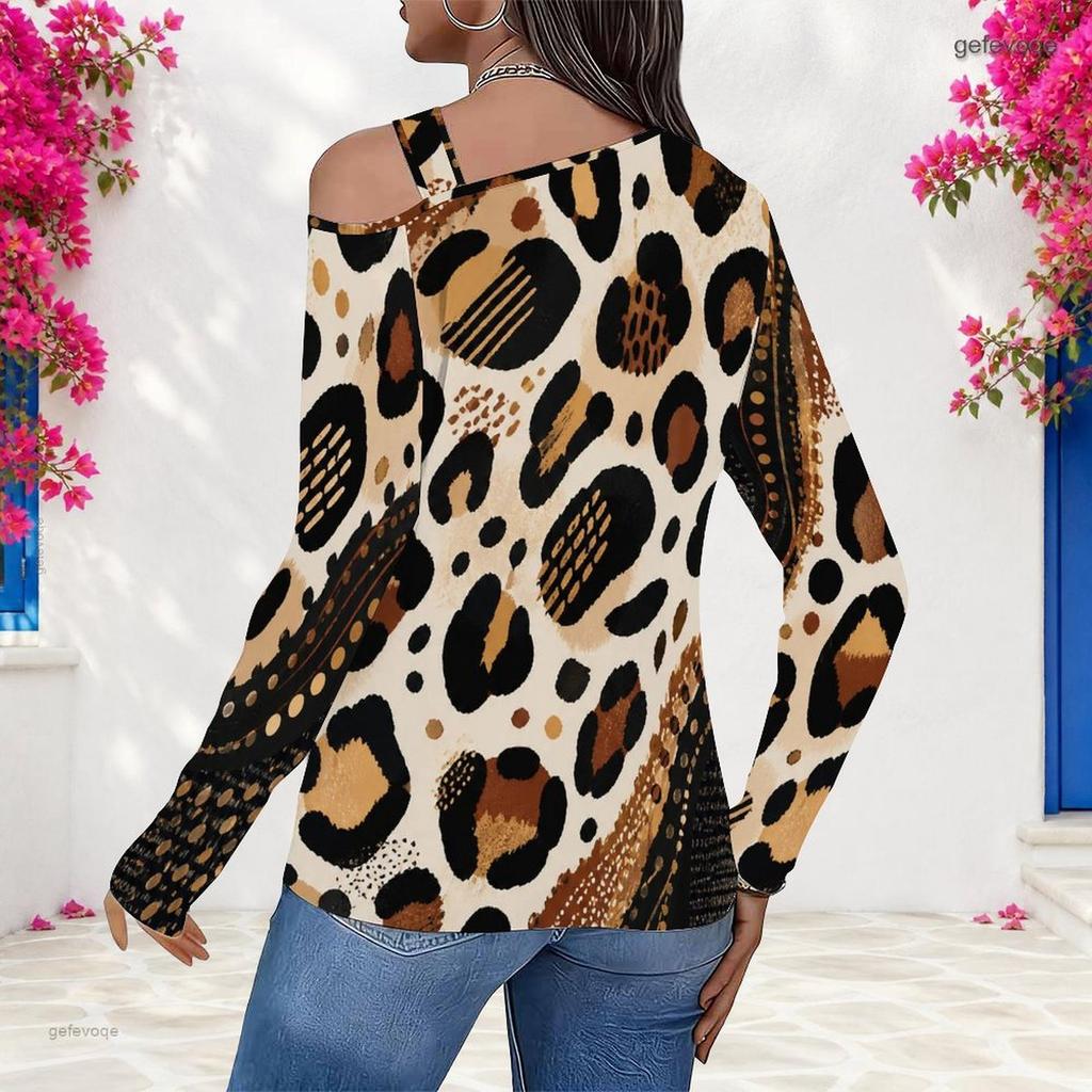 Women Plus Size Asymmetric Cutout Neck Cold Shoulder Long Sleeve Green Black White Printed Top