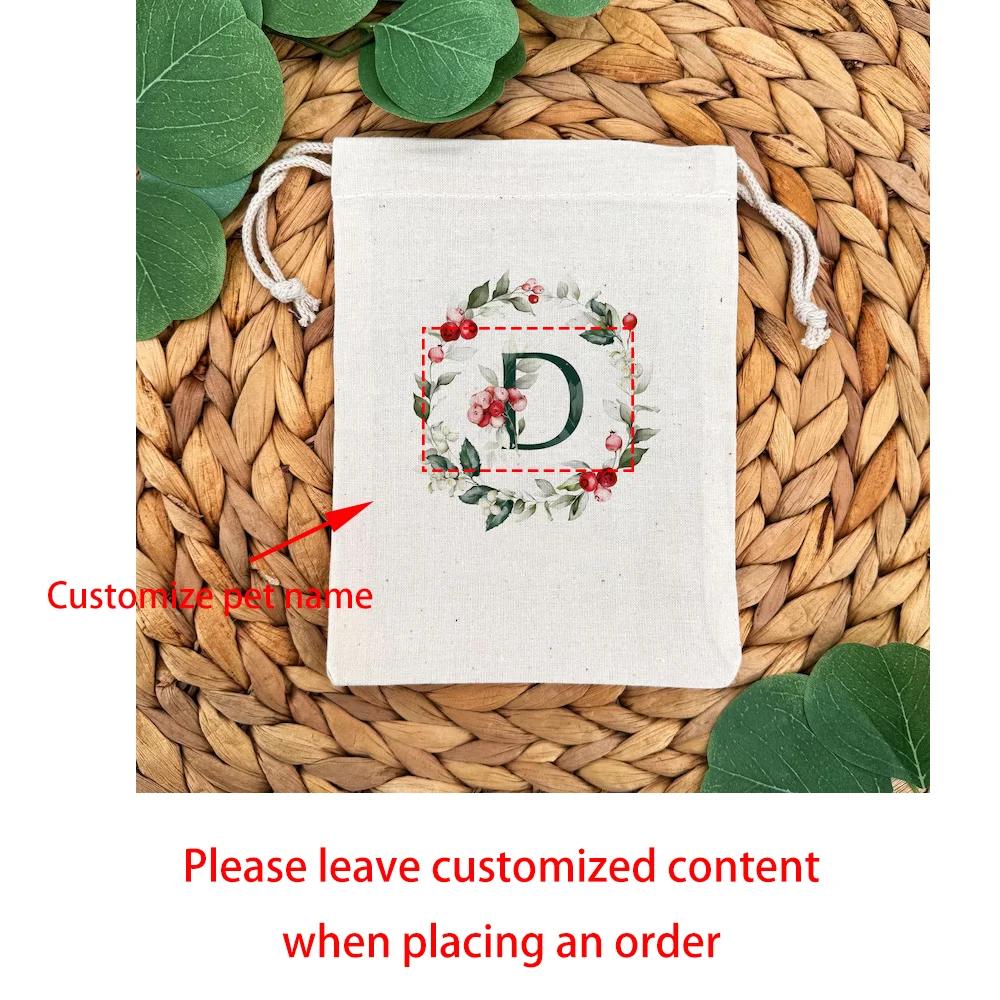 

Custom 4Pcs Initial Holly Berry Drawstring Tote Bag Christmas Favor Bag Kids Party Decoration Birthday Monogrammed New Year Gift 4pcs13x18cm