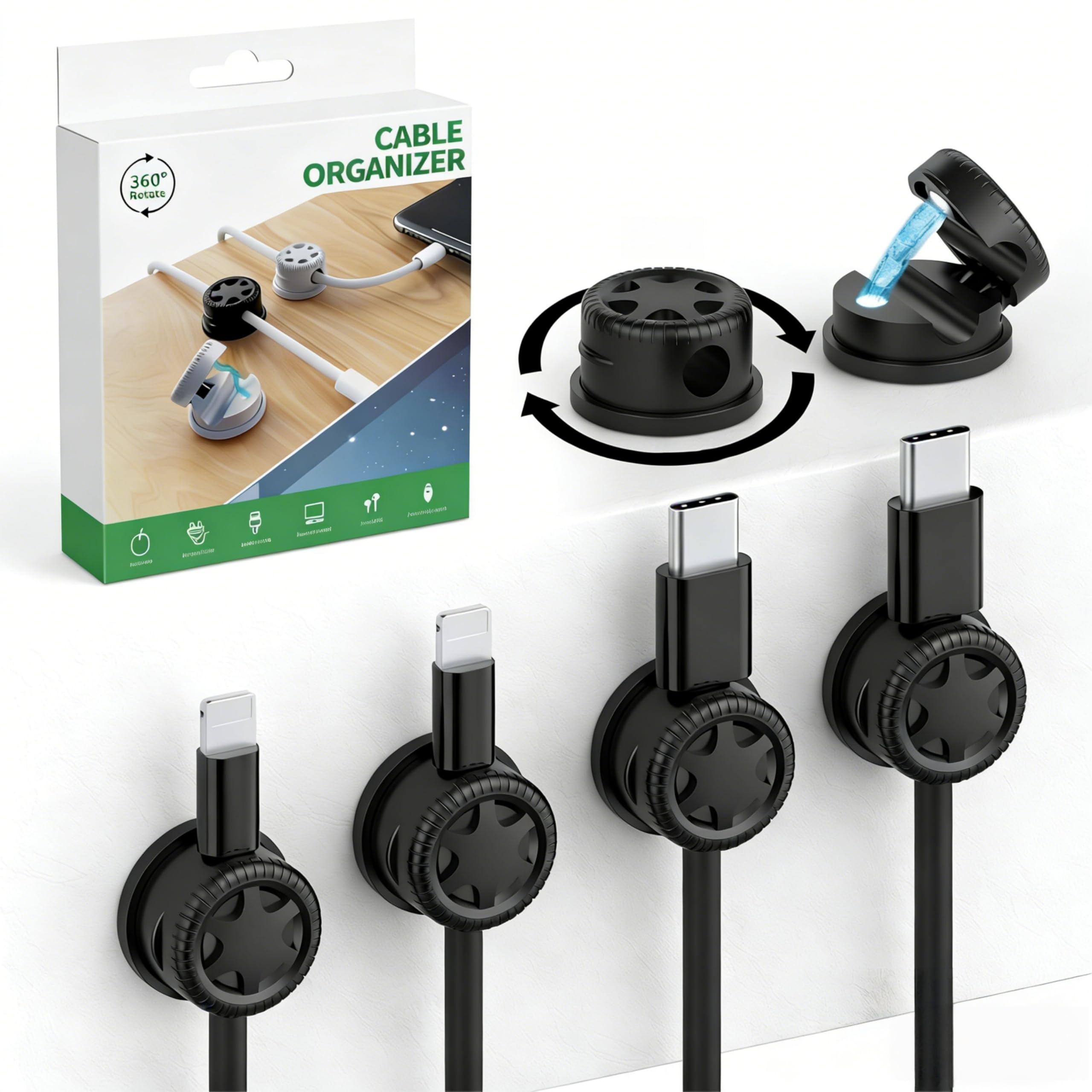 

Cable Holder Set of Cable Wire Cord Cord Strong Can be Fixed to or Supports Cables up to 7mm in Compatible with [Magnetic, 360° Rotating, 6] Clip, чёрный
