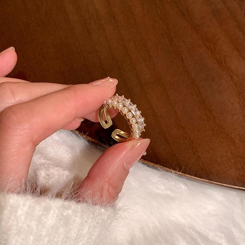 Shiny Zircon Pearl Open Ring for Women Luxury Ear Needles Earrings Fashion Simple Personality Wedding Jewelry