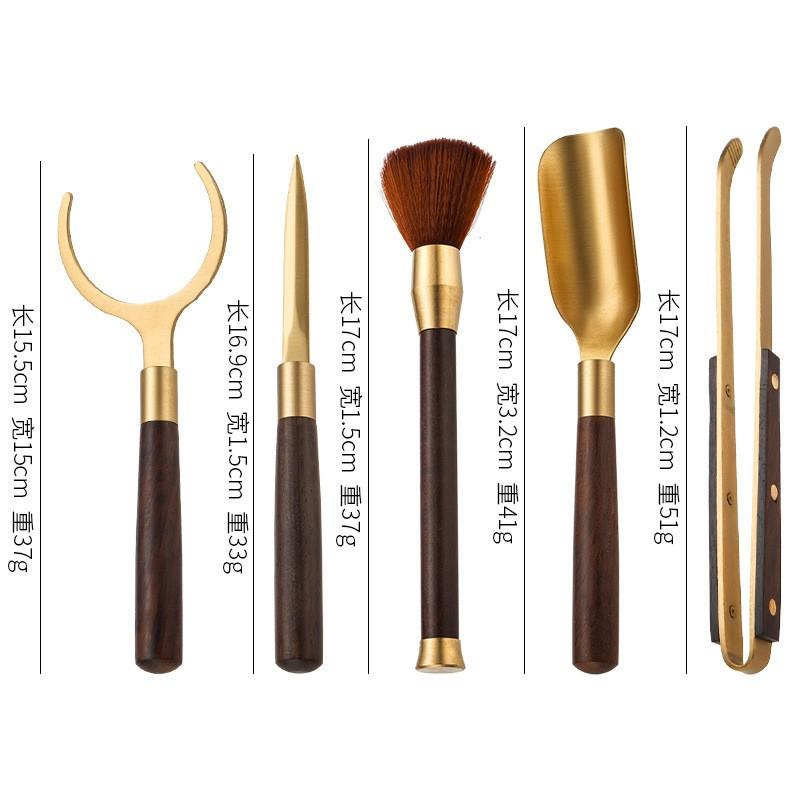 Brass Tea Ceremony Tools Set With Wooden Handle - Tongs Spoon Knife Brush Fork Gongfu Accessories