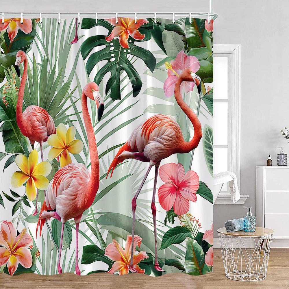Flamingo Pink Birds Shower Curtains Tropical Palm Leaves Plants Jungle Nordic Bath Curtain Summer Vacation Fabric Bathroom Decor