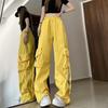 Retro Dámské Elastické Kalhoty Cargo Kalhoty s vysokým pasem Stahovací šňůrka Více kapes Rovné Široké nohavice Ležérní Dlouhé kalhoty Streetwear