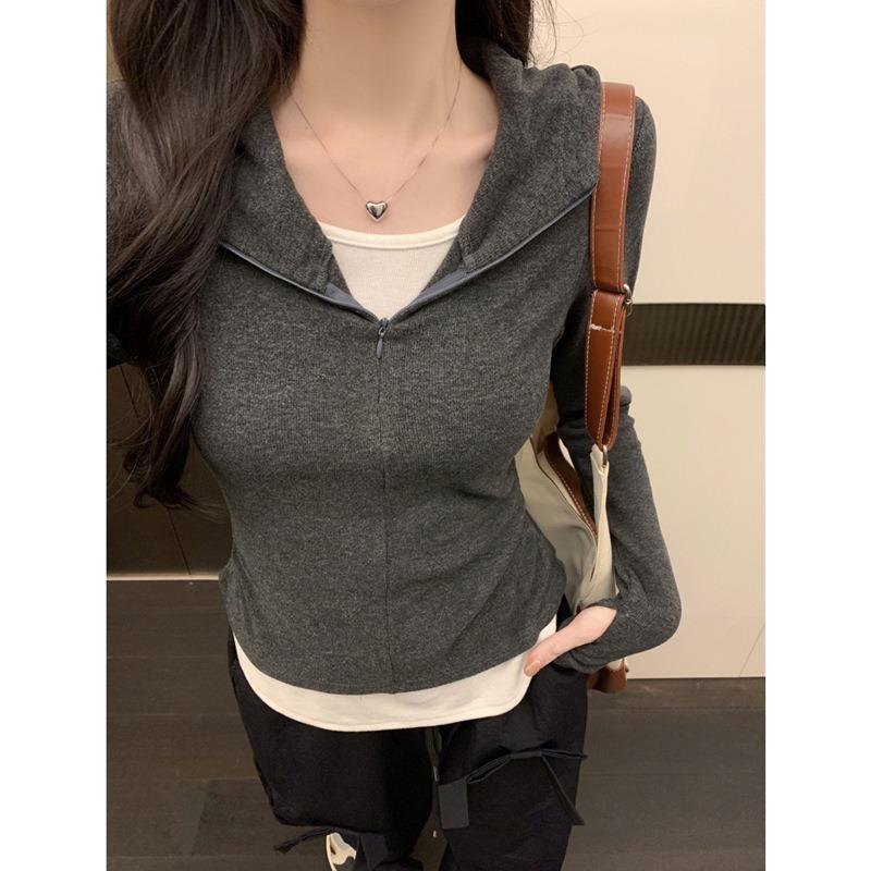 Real shot half zipper hooded long-sleeved T-shirt women's autumn and winter slim-fit polished warm bottoming shirt with fake two pieces inside