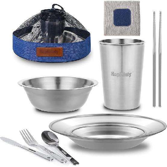 Camping Mess Kit - for Camping 1 to 2 Person boy Scout Camp Dishes Camping Cooking Utensils Accessories Plates Dinnerware Set Outdoor 1 Person set Blue