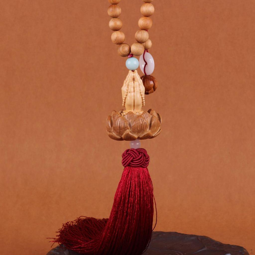 Lotus Beaded Car Pendant Rear View Mirror Statue, Wooden Sculpture Hanging Decoration