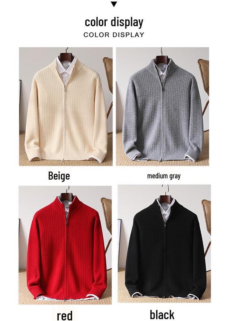 Men's 100% Pure Wool Thickened Half-High Collar Zipper Cardigan Sweater for Autumn/Winter