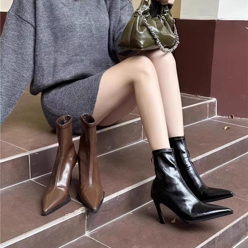 2026 autumn and winter new classic black pointed thin heel skinny short boots temperament high heels elastic boots for women