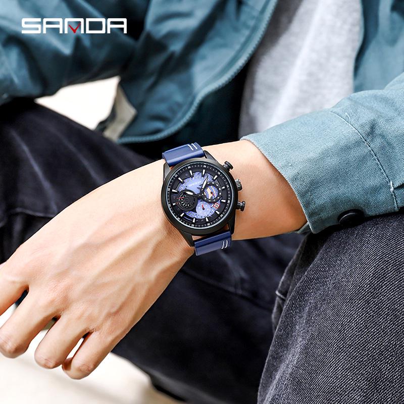 Sanda Cool Large Dial Six-Needle Waterproof Men's Watch with Genuine Leather Strap - Trendy and Fashionable Design.
