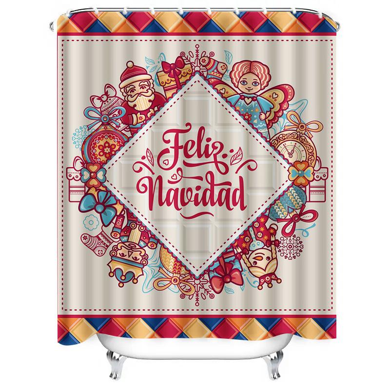 TU Bathroom Shower Curtain Christmas Santa Claus Festive Holiday Pattern Waterproof Decor
