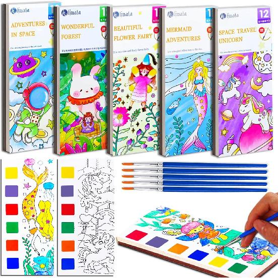 JUNQIU 5Pack Water Color Paint Sets for Kids, Paint With Water Books for Kids Ages 4-8, Pocket Watercolor Painting Book, Arts and Crafts Kit Easter