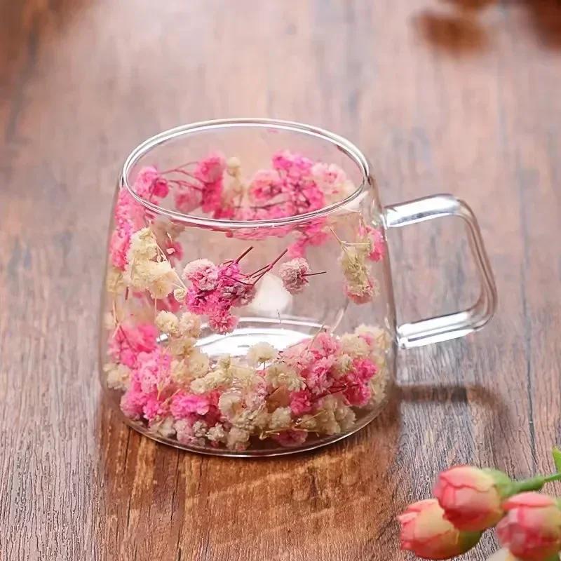 For 200ml Double Wall Coffee Mug with Handles Transparent Flowers Clear Milk Cups Fill Artificial Simulation Drinkware Glass for
