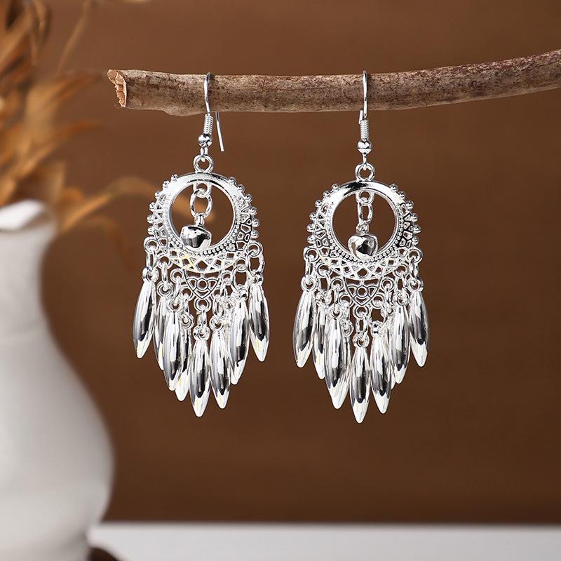 Ethnic Miao Silver Tassel Earrings - Retro Long Dangle Scenic Studs for Women