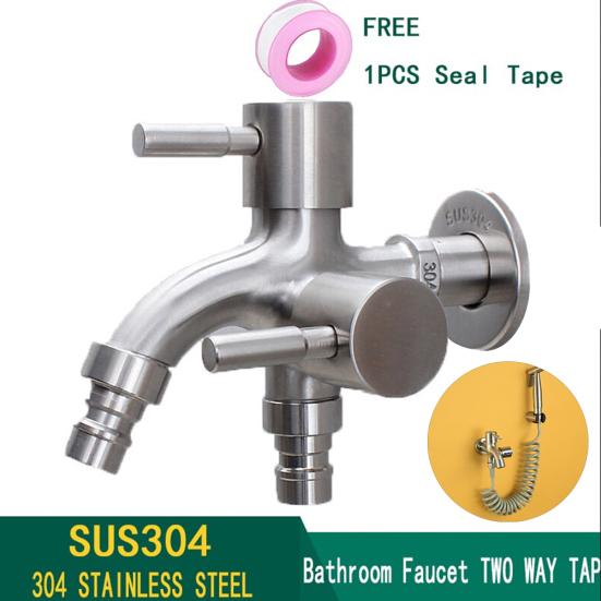 304 Stainless Steel Double Outlet Tap Washing Machine Bathroom Water Faucet
