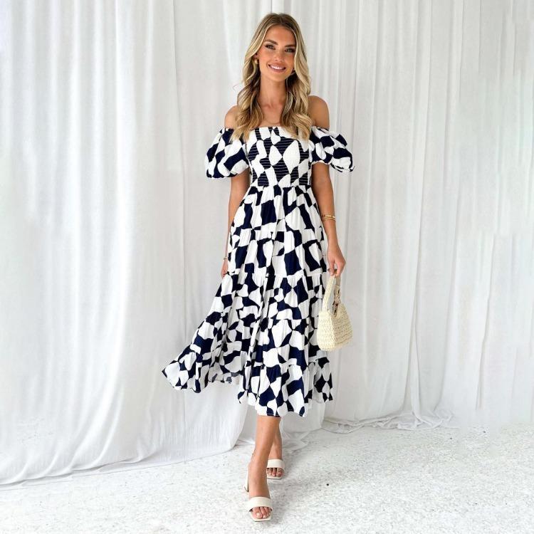Fashion Summer Dress Women Strapless Print Pleated Short Sleeve Ankle Length