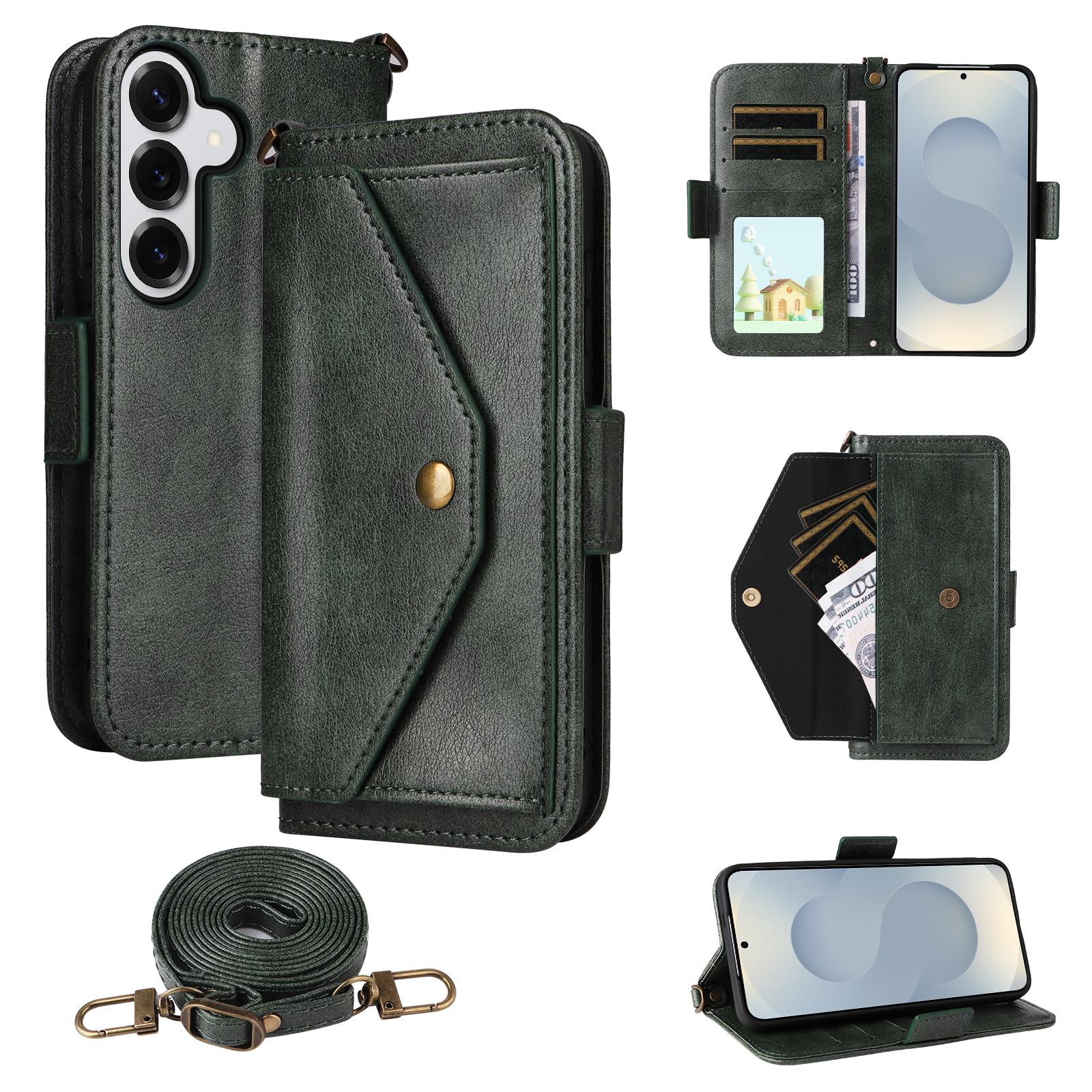 

For Samsung Galaxy S25 Leather Case Magnetic Closure Wallet Stand Phone Cover with Crossbody Strap Green