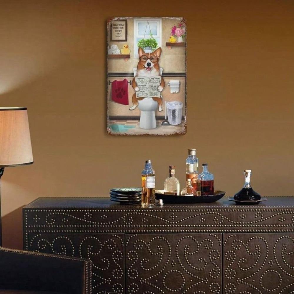 Vintage Metal Sign Funny Corgi Dog Reading Newspaper Rustic Wall Art Decor for Bathroom Living Room