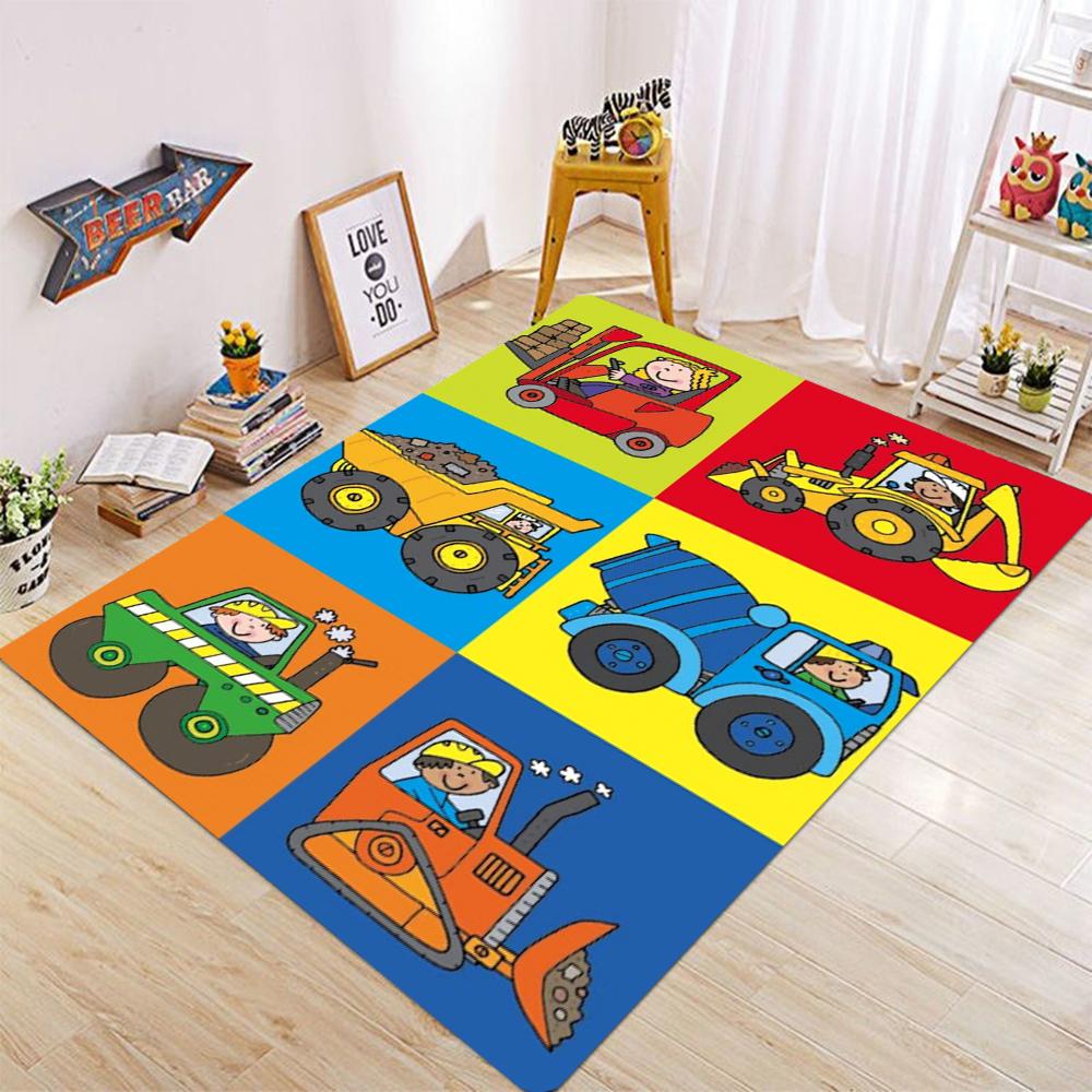 Cartoon Excavator Children's Printed Carpet, Boys' Favorite Engineering Vehicle Theme Home Decoration Props Anti Slip Mat