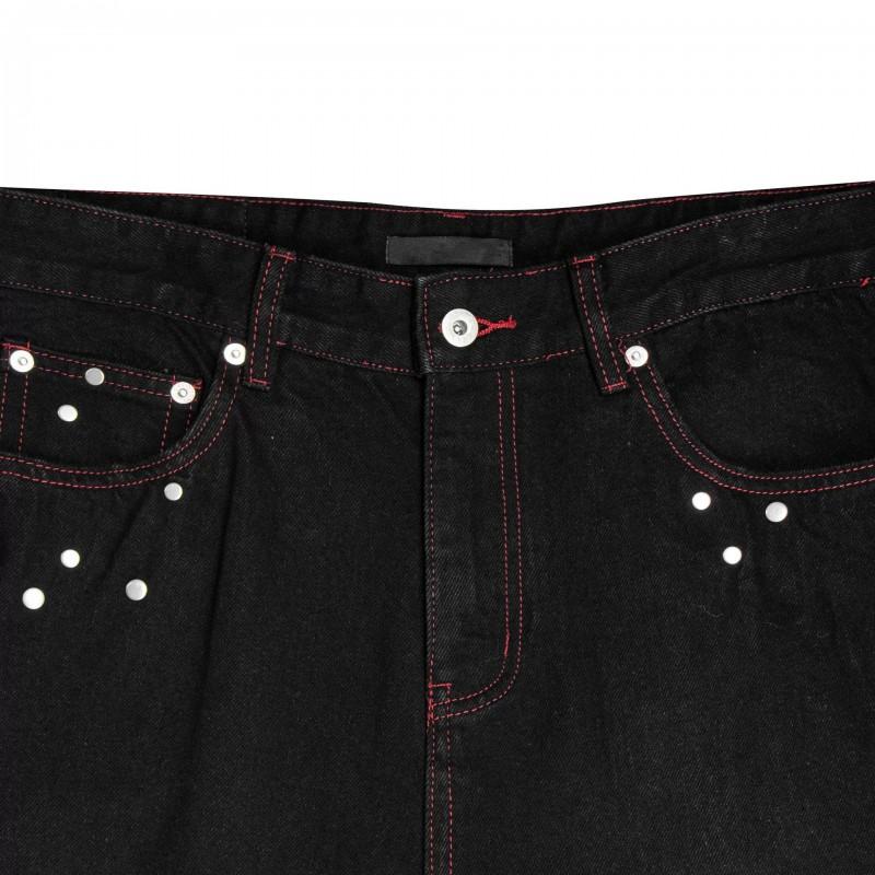 Mens Relaxed Straight Leg Jeans American Retro Red Line Star Embroidery Rivet Black Casual Denim Pants