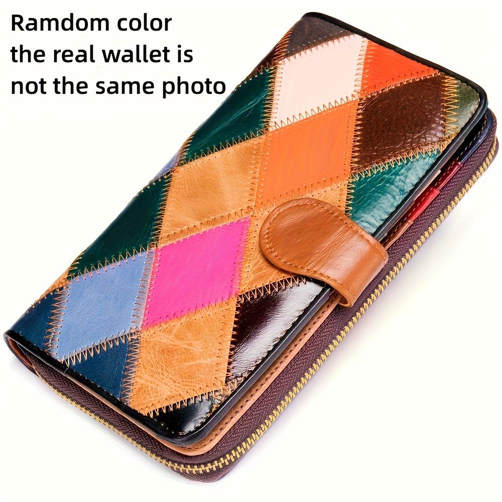 Genuine Leather Bifold Wallet, Vintage Colorblock Coin Purse, Retro Patch Work Credit Card Holder