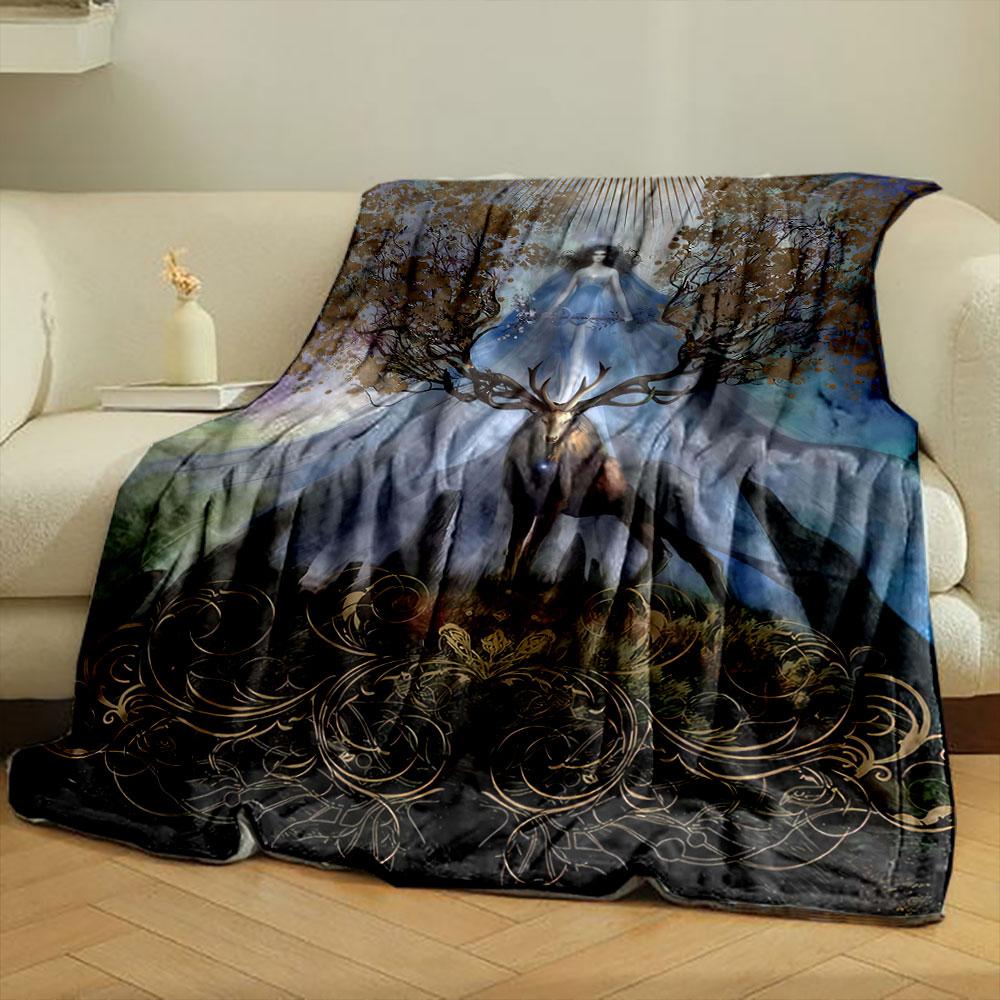 A Mystical Stag with Branching Antlers Beneath a Glowing Figure In Light. for All Seasons Blanket Lunch Break Throw Gift