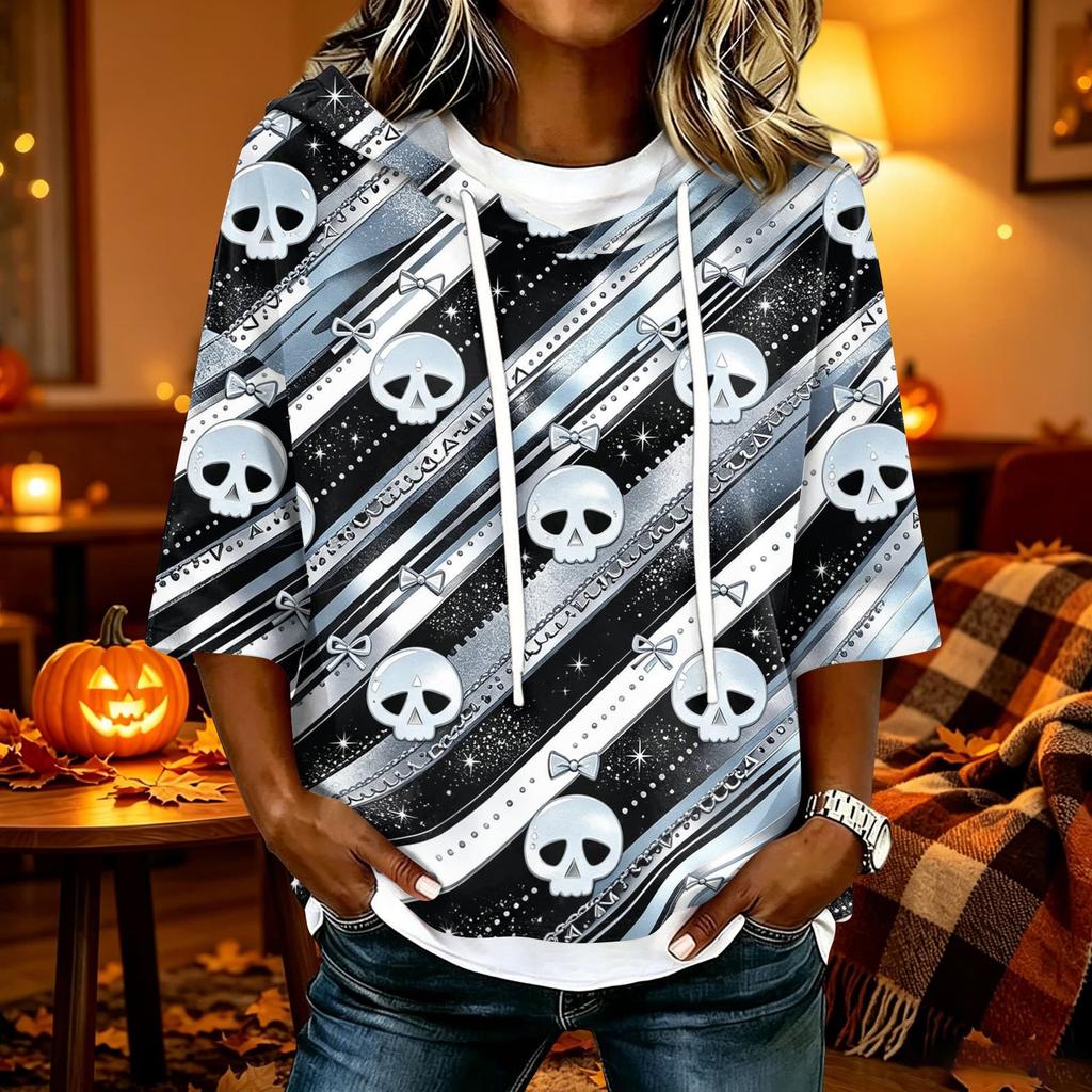 Women's Halloween Printed Hoodie Loose Fit Three-Quarter Sleeve Casual Top