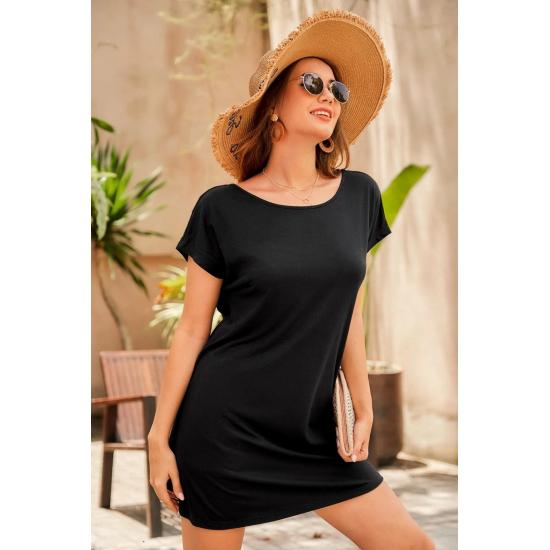 Sundresses Damen-Übergröße-Kleid mit Rundhalsausschnitt, schwarz, Schmetterlingsrücken, bedruckt