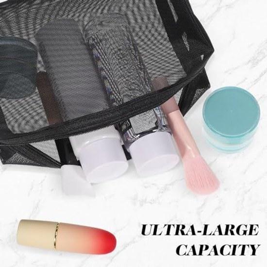 No-brand item Flexible structure ideal organizing electronic accessories cosmetics Zippered pouch travel home vanity storage Set 3 black nylon mesh
