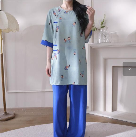Hanfu pajamas women's spring summer new Chinese-style cotton and silk suit cotton silk medium-sleeved loose loungewear can be worn thin