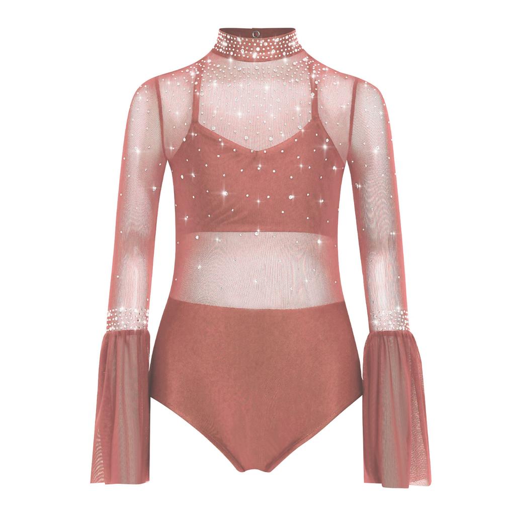 Tuta da Ginnastica Artistica per Bambine Ragazze Costume da Pattinaggio Artistico per Bambini Body in Rete Trasparente a Manica Lunga con Cutout Leotard da Balletto/Ginnastica