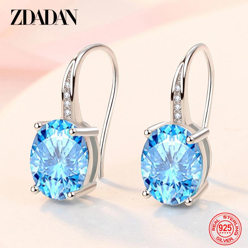 

925 Silver Blue Crystal Oval Drop Earrings for Women Fashion Jewelry синій