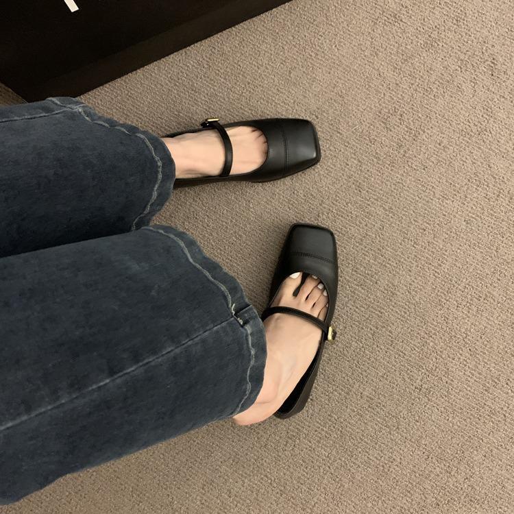 French retro square head silver Mary Jane shoes women's 2024 spring new models with skirts gentle word with flat shoes